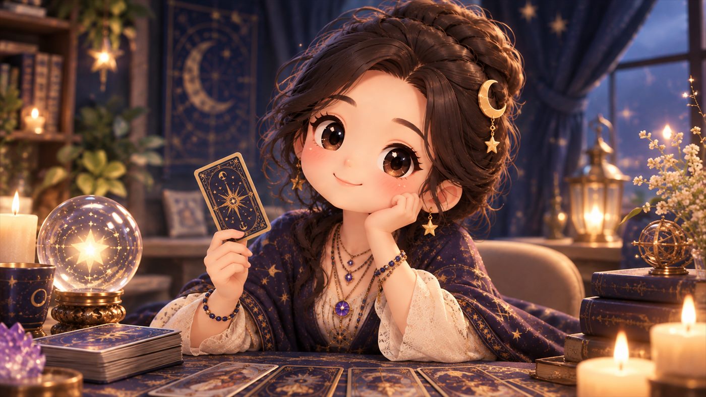 久久塔罗主理人在星月下的占卜桌前